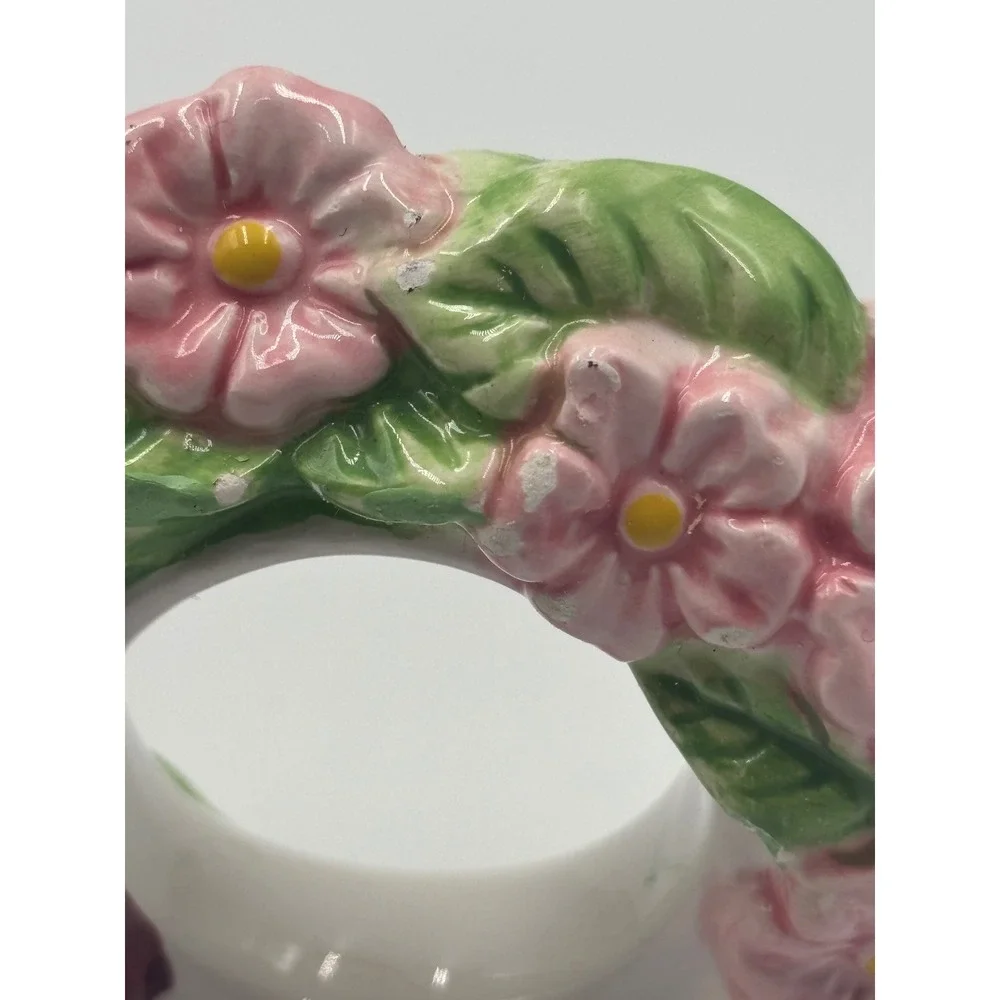 Vintage Ceramic Cherry Blossom Napkin Rings Set of 6‎ Prunus Avium Pink Floral